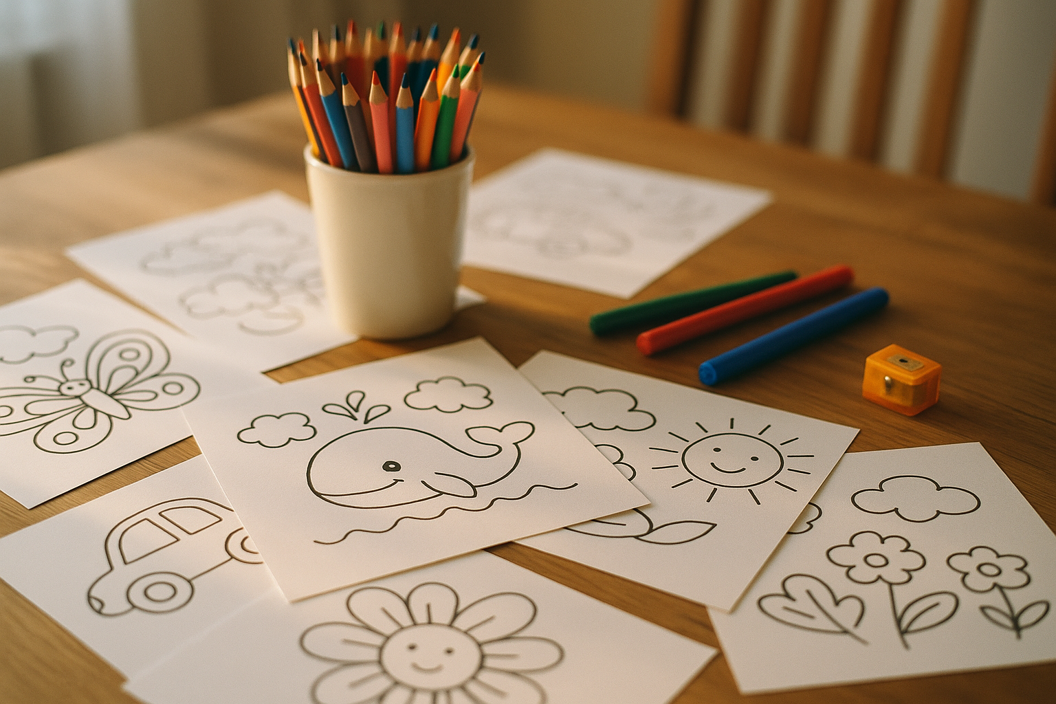 Ausgedruckte Malvorlagen mit Buntstiften und Filzstiften auf einem Küchentisch