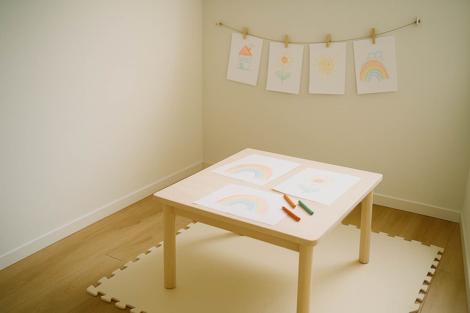 Malecke im leeren Kinderzimmer mit Schutzmatte und Bilderleine aus Schnur