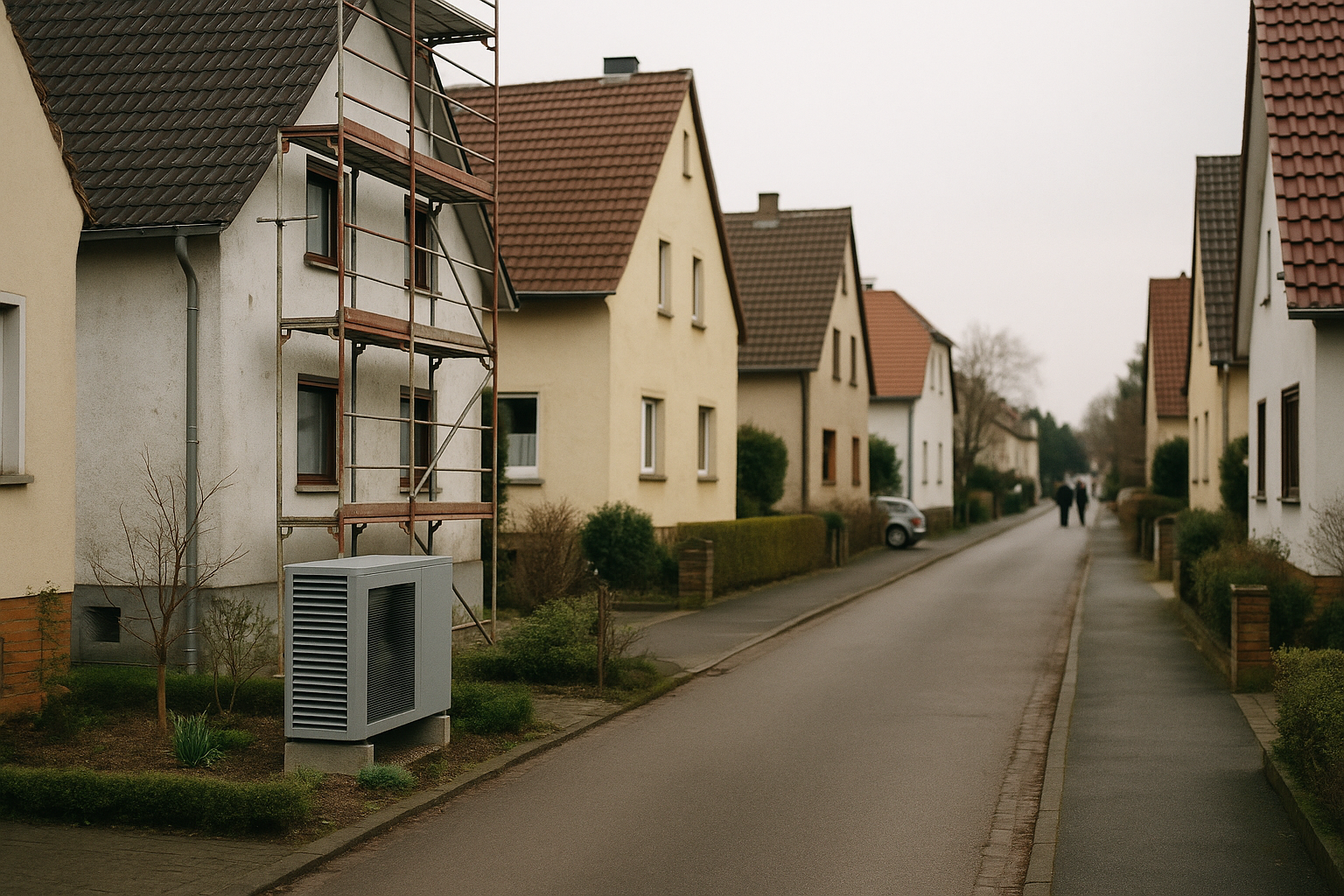 Wohnstraße mit eingerüstetem Haus und Wärmepumpe im Vorgarten